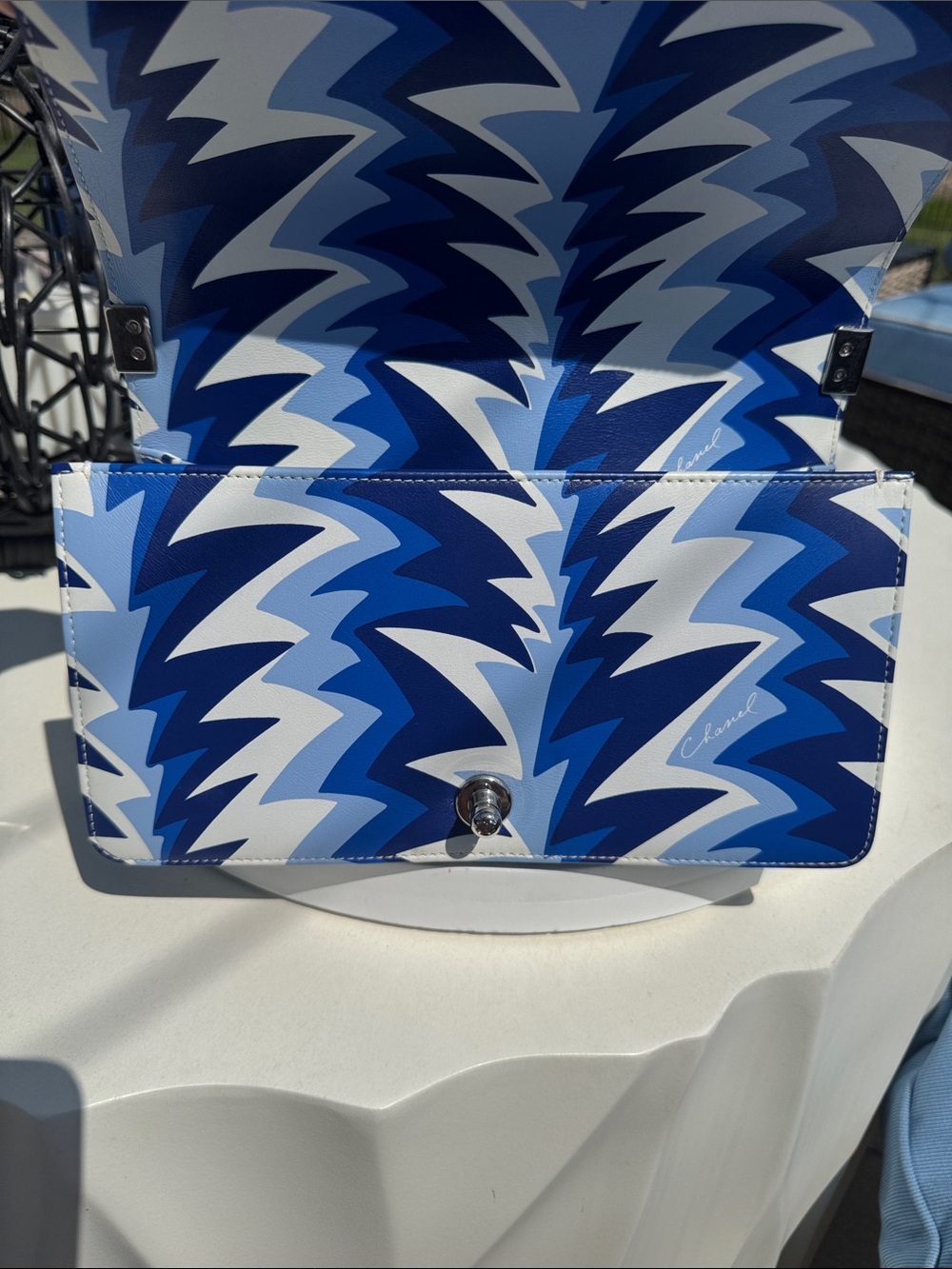 CHANEL Blue & White Chevron Boy Bag with Chain Strap - Picture 8 of 12